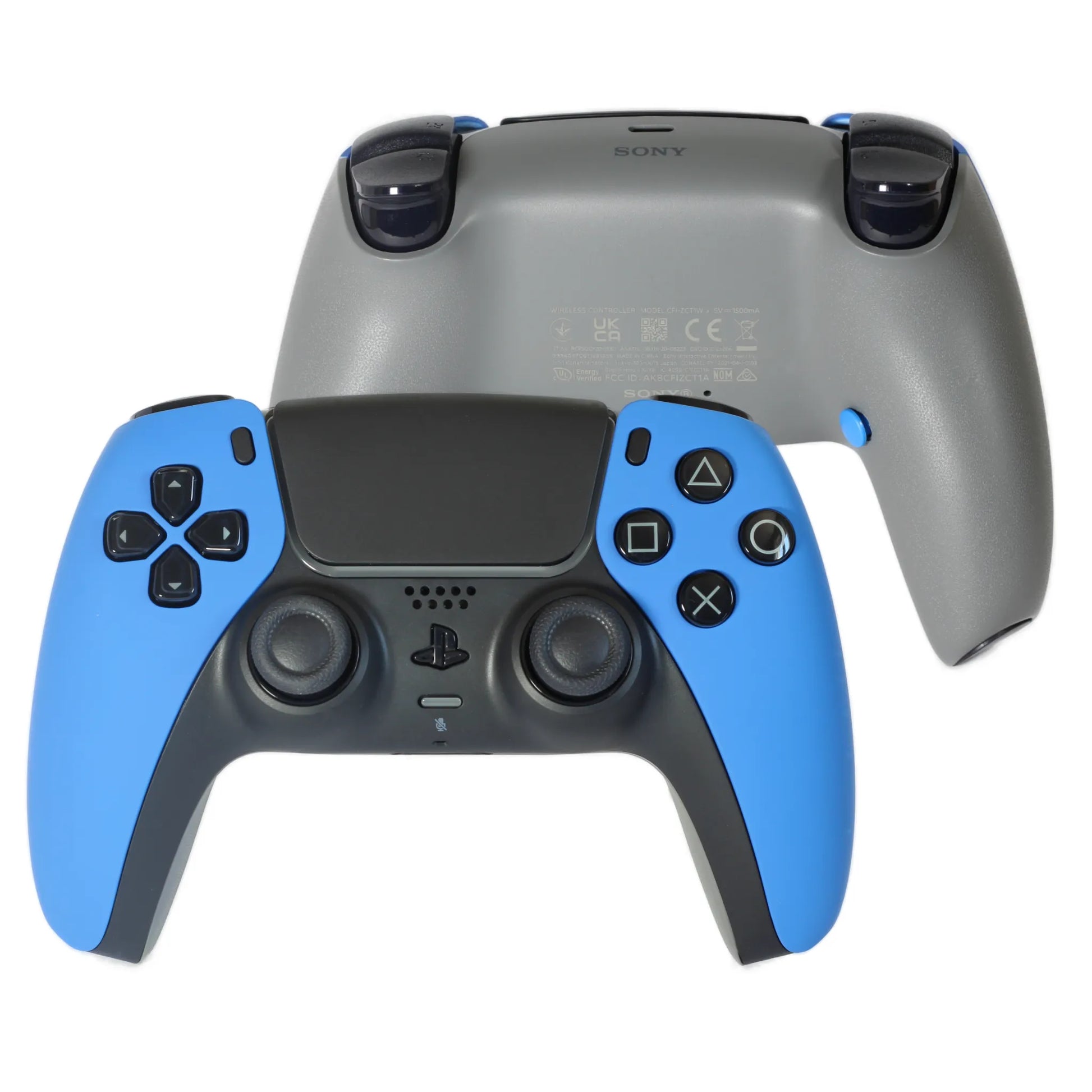 Une manette playstation 5 bleue et noire avec ses boutons palettes bleus 