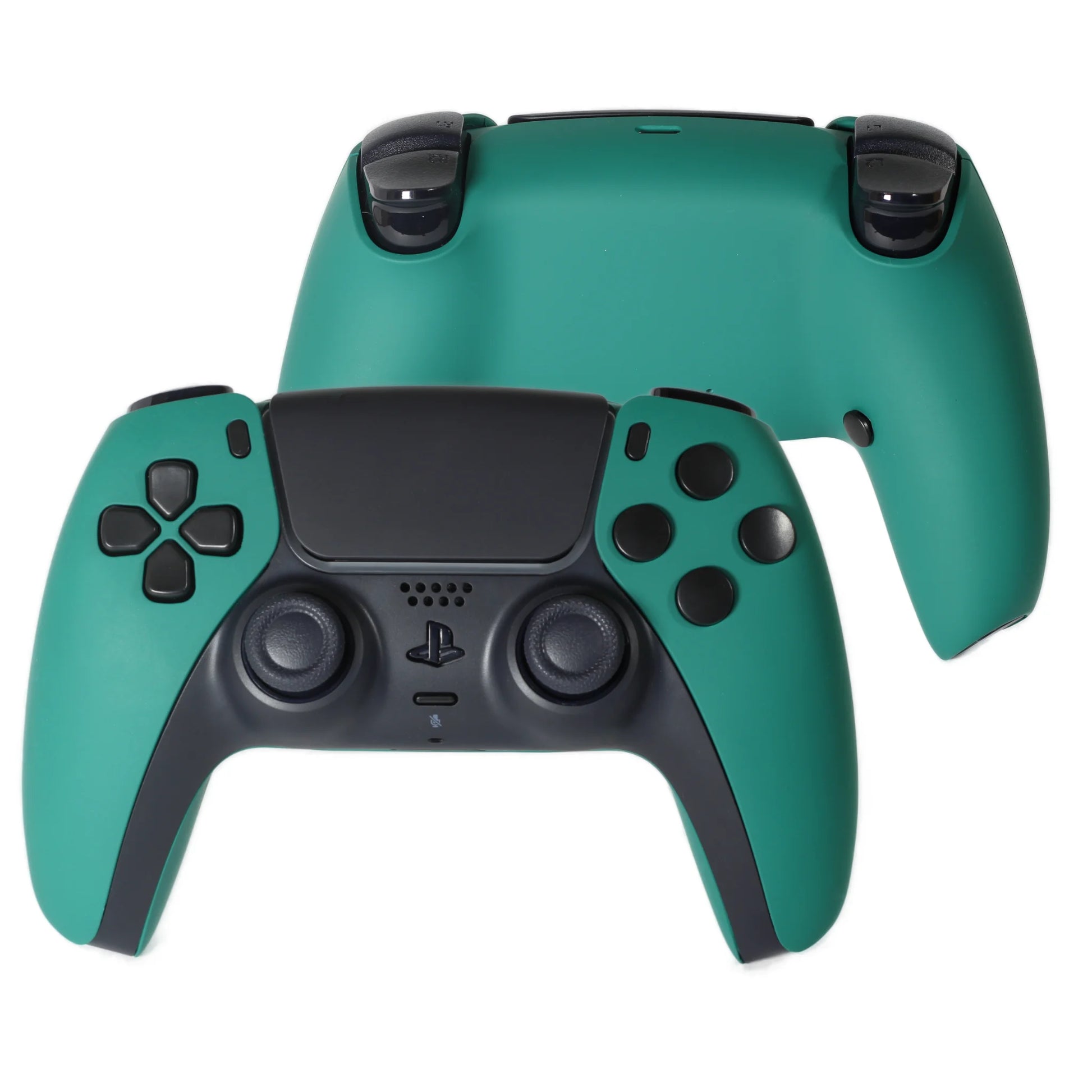 Une manette playstation 5 de couleur fresh green avec des palettes au dos 