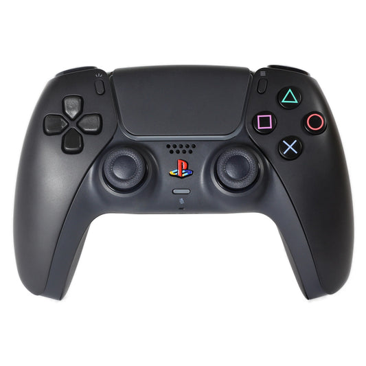 Une manette playstation 5 noire avec des boutons vintage